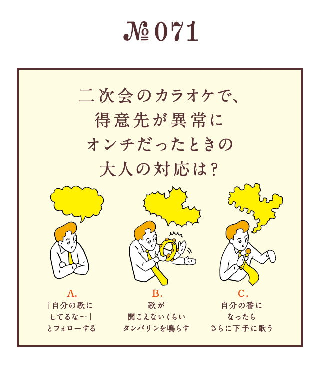 ＜二次会のカラオケで、得意先が異常にオンチだったときの大人の対応は？＞＜A.「自分の歌にしてるな～」とフォローする B.歌が聞こえないくらいタンバリンを鳴らす C.自分の番になったらさらに下手に歌う＞