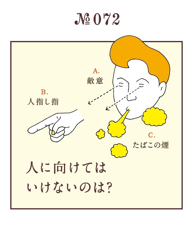 ＜人に向けてはいけないのは？＞＜A.敵意 B.人差し指 C.たばこの煙＞