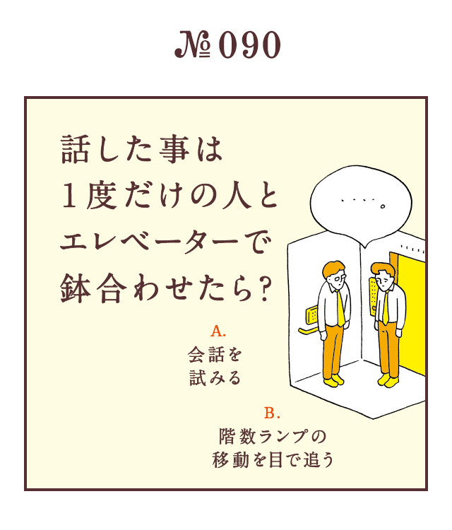 ＜話した事は1度だけの人とエレベーターで鉢合わせたら？＞＜A.会話を試みる B.階数ランプの移動を目で追う＞