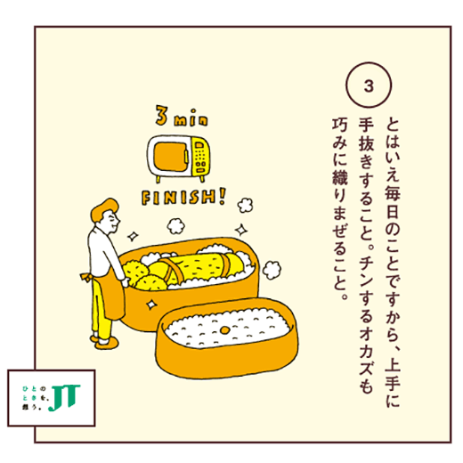 とはいえ毎日のことですから、上手に手抜きすること。チンするオカズも巧みに織りまぜること。