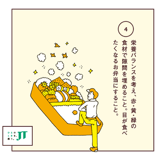 栄養バランスを考え、赤・黄・緑の食材で隙間を埋めること。目が食べたくなるお弁当にすること。