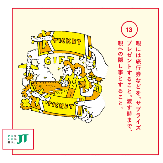 親には旅行券などを、サプライズプレゼントすること。渡す時まで、親への隠し事とすること。