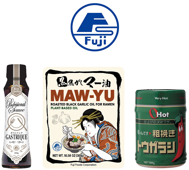 JTグループの加工品事業（調味料）、富士食品工業株式会社のロゴと代表製品。2028年に70周年を迎える富士食品は、さまざまな組立調味料と主力の酵母エキス素材など、独自技術を活用した製品を外食産業、加工食品メーカー向けに販売し、海外では米国、タイ、中国、インドネシアの4拠点で事業を展開しています。タイおよびインドネシアにハラール対応の製造拠点を持ち、日本や各国の味をハラール調味料で再現しています。