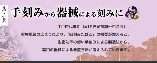 第二章 手刻みから器械による刻みに　江戸時代末期（=19世紀初期〜中ごろ）、喫煙風習の広まりにより、「細刻みたばこ」の需要が増えると、生産効率の低い手刻みによる製造法から、専用の器械による量産方法が考えられていきます。